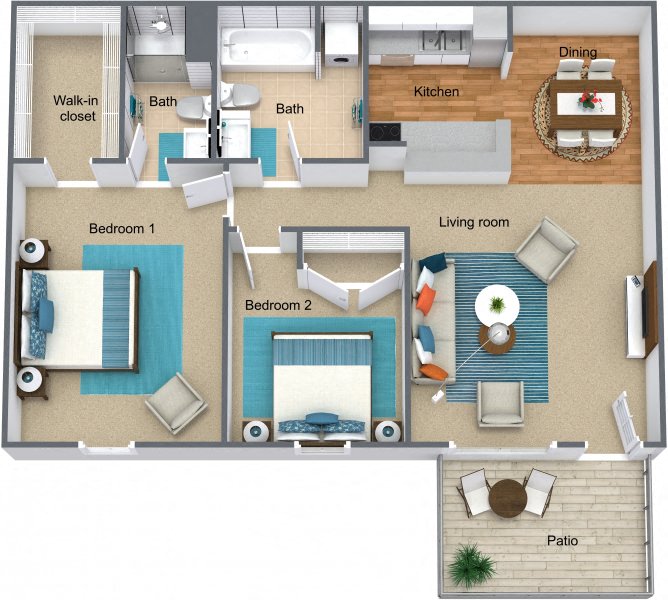 Floor plan for 2 beds, 2 baths, 936 sqft